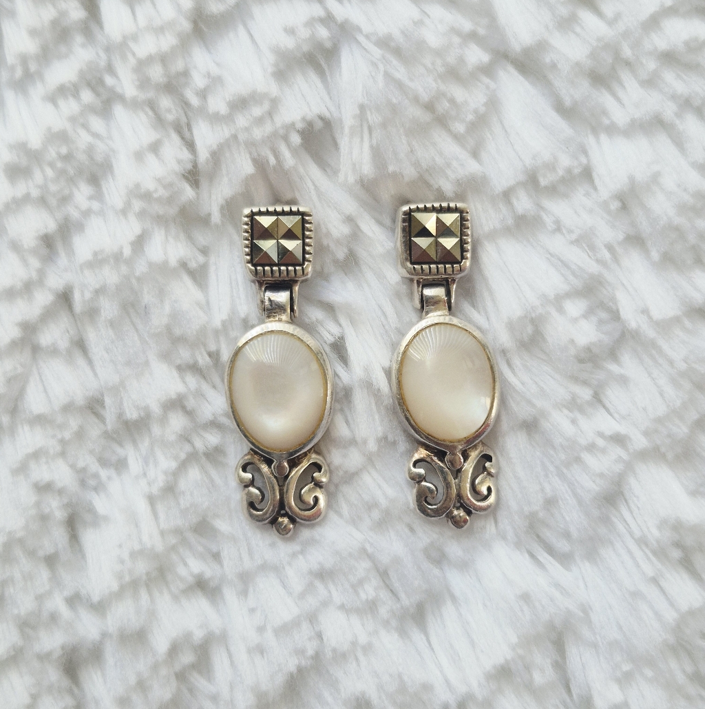 Vintage Sterling Silver Mop & Marcasite Accent Dangle Earrings